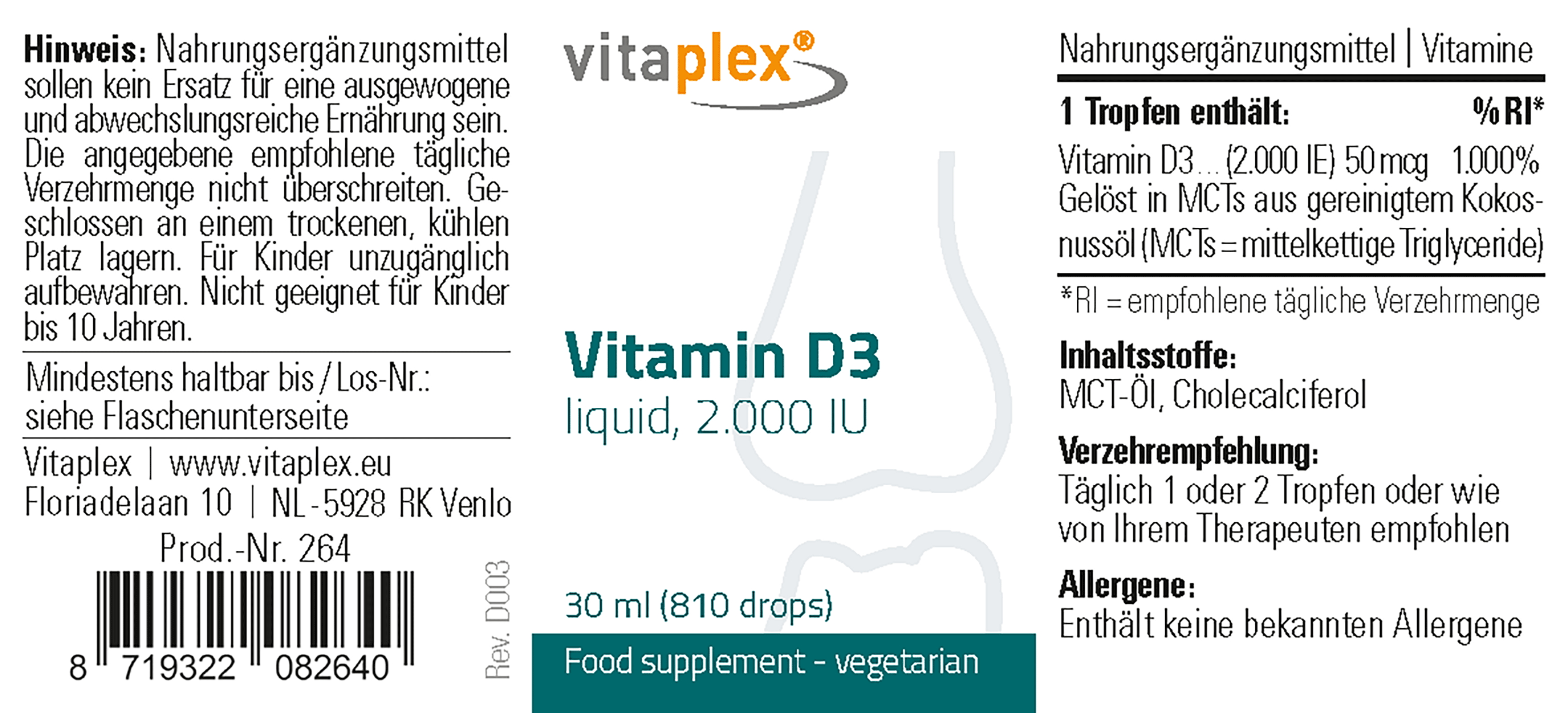 Vitamin D3 liquid, 2.000 IU / drop 