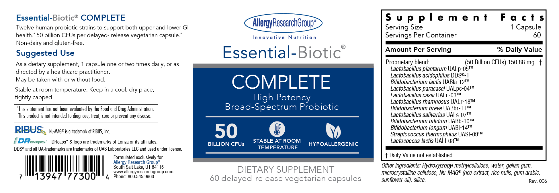 Essential-Biotic® L. Rhamnosus GG, 60 veg. capsules - Allergy Research  Group - VitalAbo