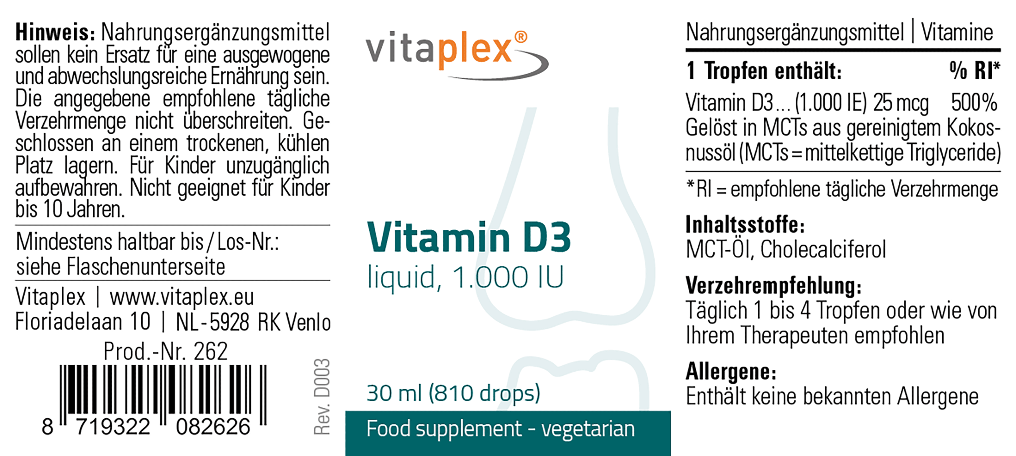 Vitamin D3 liquid, 1.000 IU / drop 